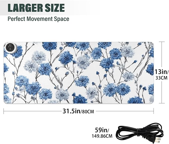 Heated Desk Pad Mouse Pad 31.5x13 Inch PU Leather Desk Mat with 3 Heat Levels Large Mouse Gaming Computer Laptop Mat Washable Chinese Style Cornflower