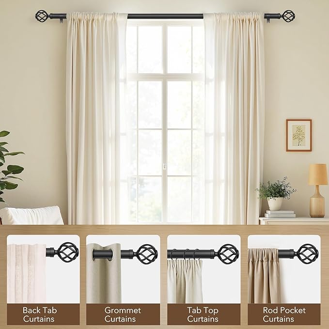 Curtain Rods for Windows 66 to 120, 1 Inch Adjustable Decorative Long Black Curtain Rod with Twisted Cage End, Modern Heavy Duty Outdoor Drapery Rods for Patio, Telescoping Splicing, Size 32"-120"