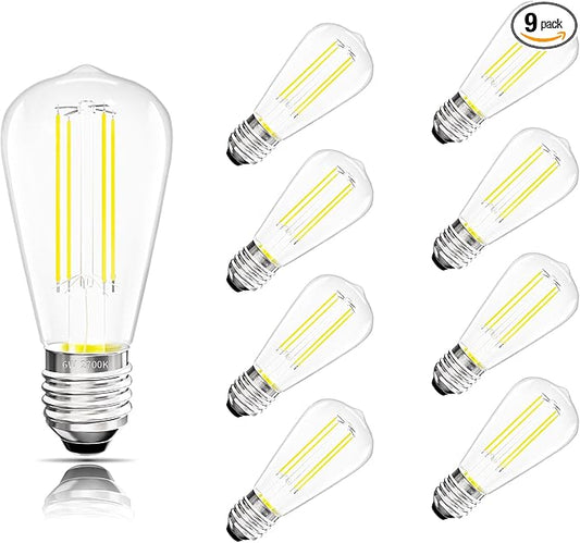 Edison Bulbs E26 Medium Base 2700K Soft White, 750LM ST58 Vintage LED Filament Bulb Clear Glass, Equivalent 75W Dimmable Lights Bulb 90+ CRI for Chandeliers, Pendants, Wall Sconces, 9 Pack