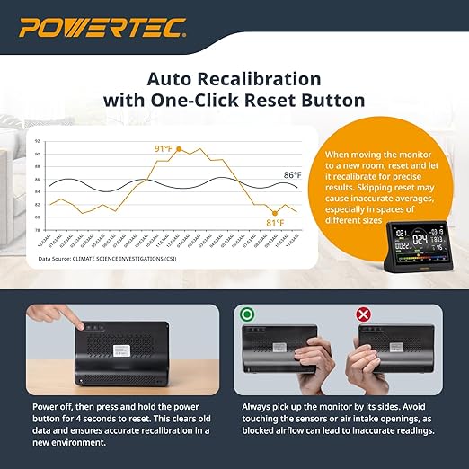 POWERTEC AD1001 Air Quality Monitor with 7” LCD Display – Multi-Sensor CO₂, PM2.5, PM10, HCHO, TVOC Detector, NDIR & Semiconductor Sensors, Rechargeable Indoor/Workshop Air Monitor