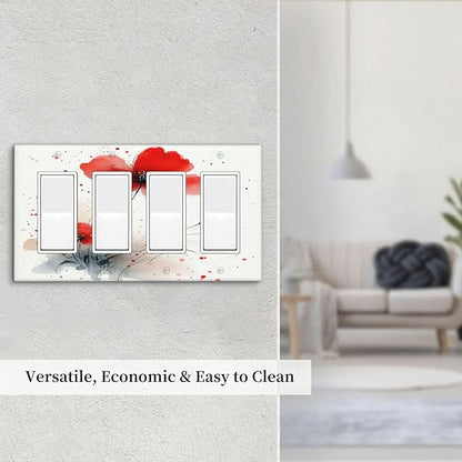 Vintage Watercolor Red Flowers Floral Wallplates 4 Gang Quad Rocker Decorative Light Switch Covers Electrical GFCI Faceplate Switch Plate for Bedroom Bathroom Decor