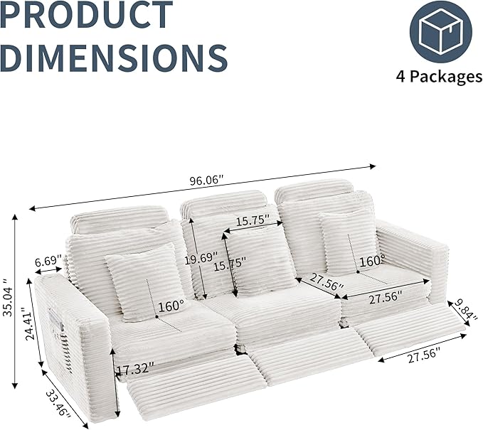 LEVNARY 3-Seater Modular Reclining Sofa, Faux Rabbit Fur Power Recliner Couch with 3 Electric Seats, 3 Pillows & Side Pockets, Adjustable Back & Footrest, Living Room Furniture (White)