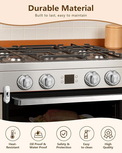 Stove Knob Covers - 5+1 Pack Heat Resistant Gas Stove Knob Covers with Child Proof Lock & Strong Adhesive, Oil-Proof Oven Knob Covers with Clear Transparent Design, White