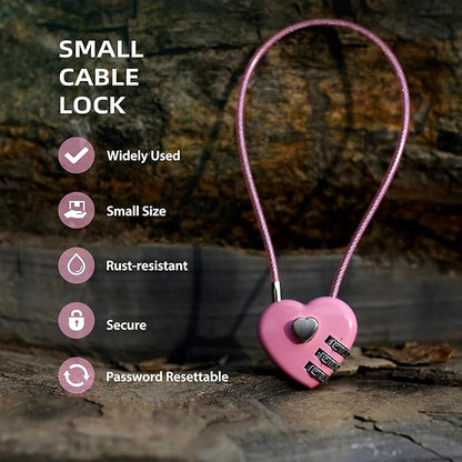 Small Cable Lock with Combination, Combo Lock with Code, Pink Cable Padlock for Luggage, Cabinet, Closet, French Fridge Door, Stroller, Bike Helmet, Pet Cage, Pool Gate, Outdoor Fence