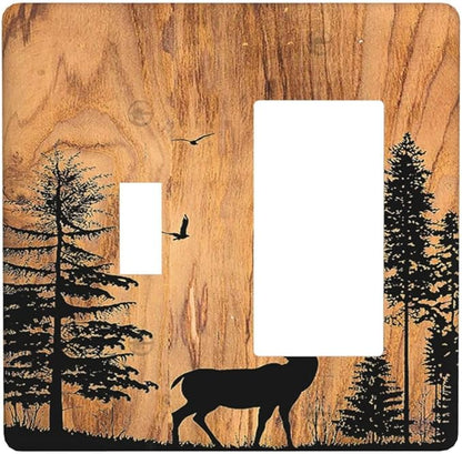 Outlet Covers Rustic Farmhouse Orange Brown Pine Tree Deer Wood Grain 1 Toggle 1 Rocker Combination Decorative Wall Plate Electrical Switch Plates Light Switch Cover Plate for Bedroom