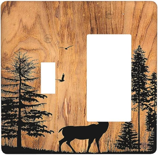 Outlet Covers Rustic Farmhouse Orange Brown Pine Tree Deer Wood Grain 1 Toggle 1 Rocker Combination Decorative Wall Plate Electrical Switch Plates Light Switch Cover Plate for Bedroom