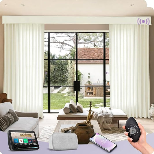 Graywind Hardwired Smart Curtains Compatible with Alexa Google Remote Control Motorized Drape for Sliding Door One-Way or Split Draw, Custom Width to 220" (Mose)