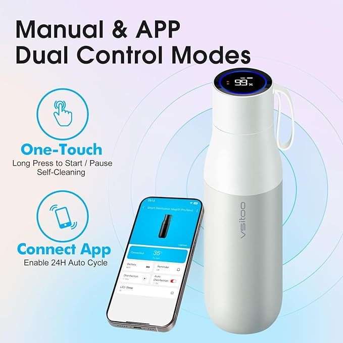VSITOO 15oz Smart Self Cleaning Water Bottle，Insulated Water Bottle with Stainless Steel, BPA-Free, AI Self-Clean, 30-Day Battery, Magnetic Charging for Travel, Gym or Office, White