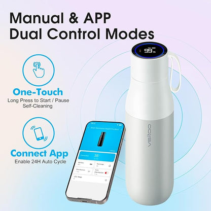 VSITOO 15oz Smart Self Cleaning Water Bottle，Insulated Water Bottle with Stainless Steel, BPA-Free, AI Self-Clean, 30-Day Battery, Magnetic Charging for Travel, Gym or Office, White