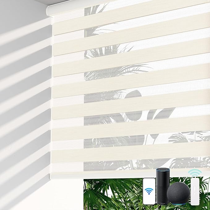 LazBlinds Motorized Zebra Roller Shades, Rechargeable Smart Blinds with Remote Control, Custom Size Light Filtering Dual Layer Roller Sheer Shades, Off-White Linen