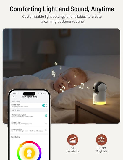 PARIS RHÔNE 2K Split-Screen Baby Monitor, 5” Smart Video Baby Monitor with 2 Cameras, Dual WiFi Cameras with App Control, Night Vision, Motion & Cry Alerts, Auto Tracking, RGB Night Light, Lullabies