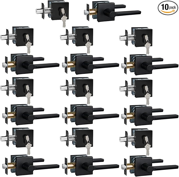10 Sets Passage Door Lever and Single Cylinder Deadbolt Lock Set, Heavy Duty Square Handle for Entrance and Front Door, Matte Black, Different Keys