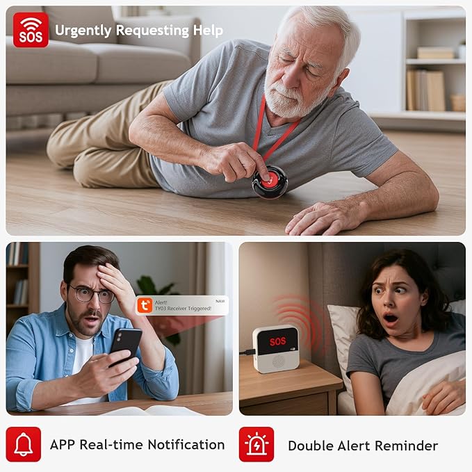 WiFi Smart Wireless Caregiver Pager Call Button System Emergency Alert System Life Alert Button for Seniors Patient Disabled Elderly 2 SOS Panic Button 1 Receiver(only Supports 2.4GHz Wi-Fi)