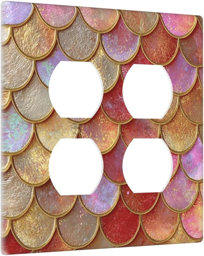 Mermaid Glitter Scale Rainbow Gold Fish Scales Outlet Covers 2 Gang Double Duplex Decorative Light Switch Covers Electrical Wallplates Socket Faceplate for Bed Room Home Decor