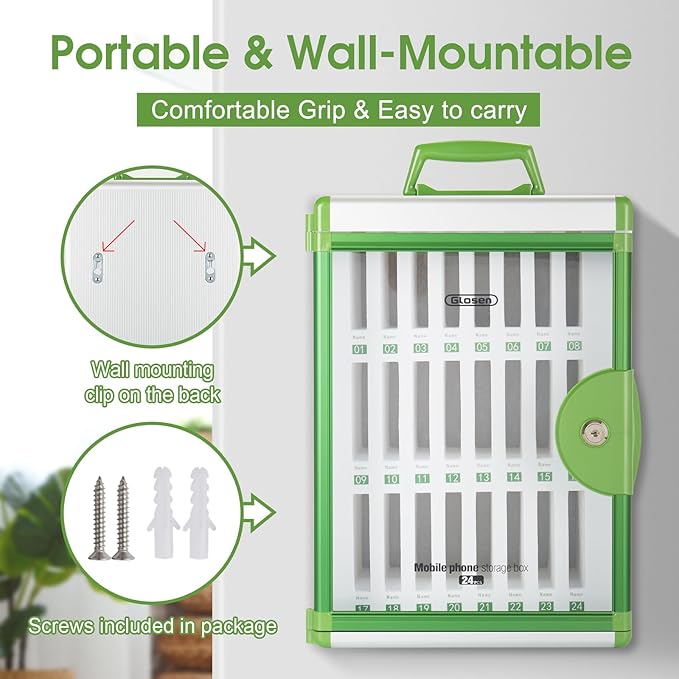 Glosen 24 Slots Cell Phone Locker, Portable Phone Storage Cabinet [Wall Mounted] [Aluminum Alloy] Cellphone Lock Box with Key & Handle for School Classroom Office Exam (Green)