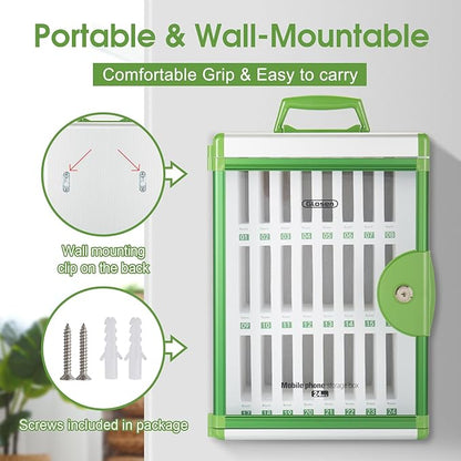 Glosen 24 Slots Cell Phone Locker, Portable Phone Storage Cabinet [Wall Mounted] [Aluminum Alloy] Cellphone Lock Box with Key & Handle for School Classroom Office Exam (Green)