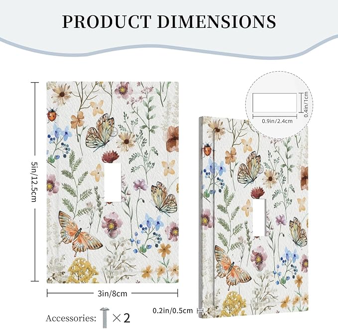 Decorative Light Switch Cover Boho White Background Butterfly Rustic Flower Single Toggle Personalized Wall Plate Switchplate 1 Gang Switchcover Decora Light Switch Plate for Home Decor