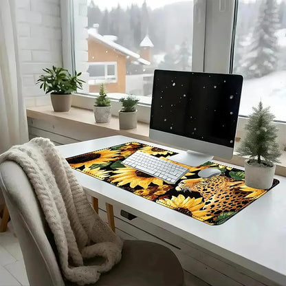 Heated Mouse Pad with 3 Temperature Settings(104°F–122°F),Large 31.5x13 Inch PU Leather Heated Desk Mat,Waterproof Warming Pad for Office,Gaming & Cold Hands Relief,Sunflowers Leopard Print