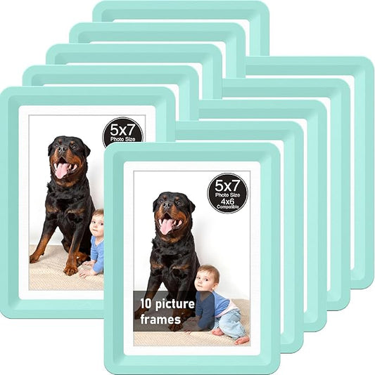 Green 5x7 Picture Frame with Acrylic Front 10 Pack, ABS Frame for 5x7 or 4x11 Photos, Shatterproof UV-Resistant Tabletop Photo Frame, Vertical/Horizontal Display for Home Décor