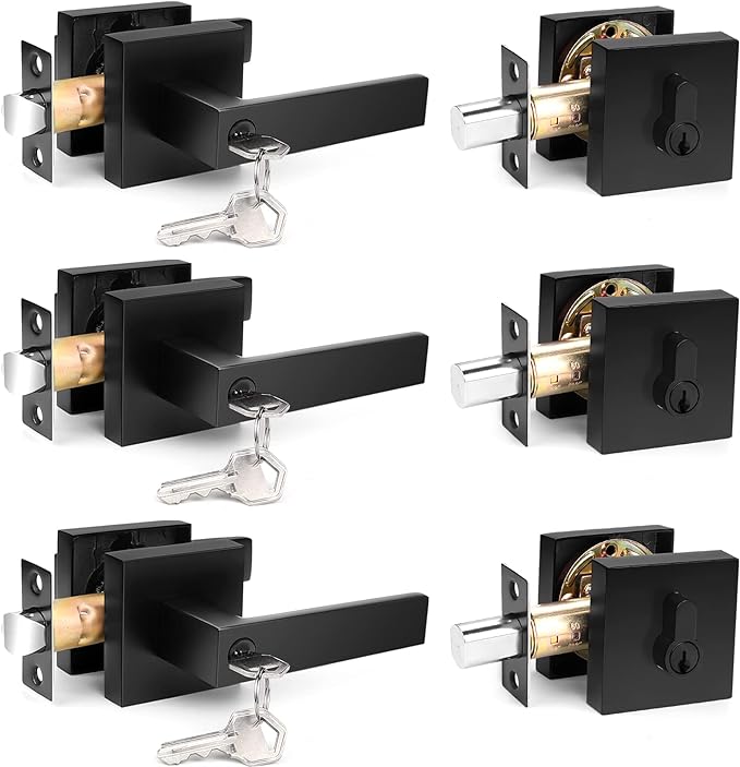 Probrico Flat Black Square Entry Levers Locksets and Single Cylinder Deadbolts Combination Set, Heavy Duty Front Door Office Entrance Levers, 3 Pack Keyed Alike(All Same Keys)