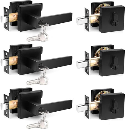 Probrico Flat Black Square Entry Levers Locksets and Single Cylinder Deadbolts Combination Set, Heavy Duty Front Door Office Entrance Levers, 3 Pack Keyed Alike(All Same Keys)