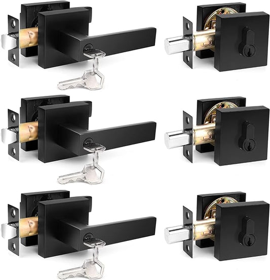 Probrico Flat Black Square Entry Levers Locksets and Single Cylinder Deadbolts Combination Set, Heavy Duty Front Door Office Entrance Levers, 3 Pack Keyed Alike(All Same Keys)