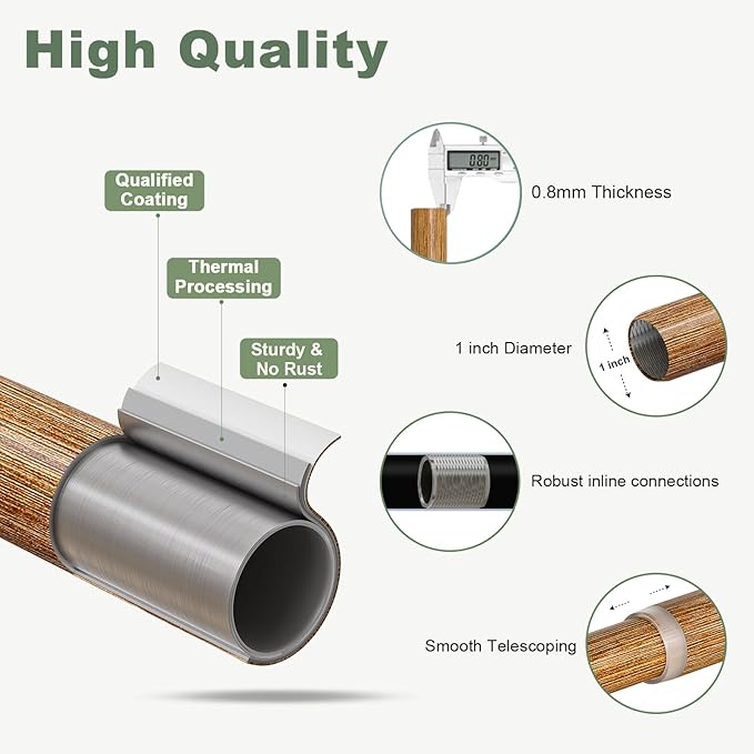 Imitation Wood Grain Ball Curtain Rods for Windows 48 to 84 Inch,1 Inch Heavy Duty Adjustable Wood Curtain Rod,Decorative Drapery Rods Set with Brackets,Size:36''-88''
