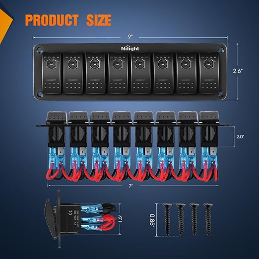Nilight 8 Gang Rocker Switch Panel with Purple LED Light 5 Pin On Off Pre-Wired Aluminum Toggle Switches Waterproof for 12V/24V Cars Marine Boats ATVs Trailers RV Trucks