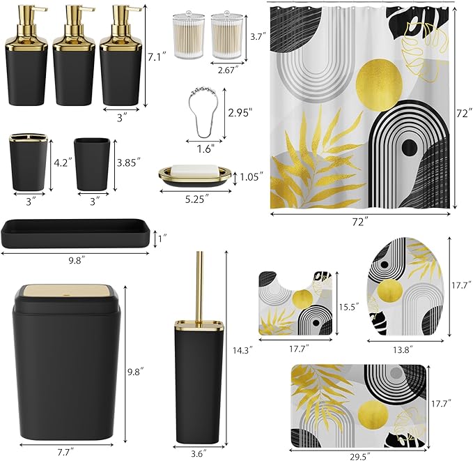 Bathroom Set - Bathroom Sets with Shower Curtain and Rugs, Bathroom Accessory Set, Black Bathroom Accessories Set with Trash Can, Toilet Brush and Soap Dispensers