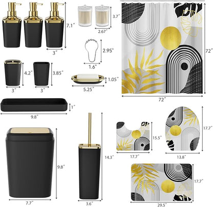 Bathroom Set - Bathroom Sets with Shower Curtain and Rugs, Bathroom Accessory Set, Black Bathroom Accessories Set with Trash Can, Toilet Brush and Soap Dispensers