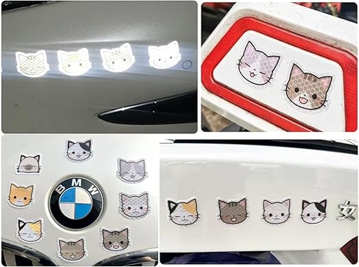 Reflective Stickers 50 Pcs, Outdoor Waterproof High Visibility Warning Safety Adhesive Reflector (1.5" X 1.8", Cat face)