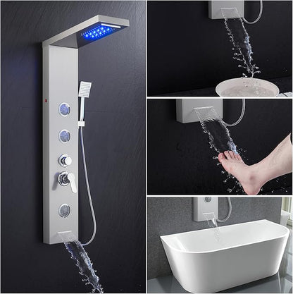 ROVATE LED Shower Panel Tower System with Rainfall Waterfall Shower, Shower Panel with Jets and Rainfall and Handheld, 5 in 1 Brushed Stainless Steel Shower Panel System High Pressure with Tub Spout