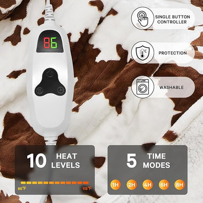 Cow Print Electric Heated Blanket King Size,90X100 Brown Heating Blanket King with Dual Control&Timer&10 Heat Levels,Highland Cow Decor Fleece Sherpa Blankets Warmer Gifts for Bed Women Adults