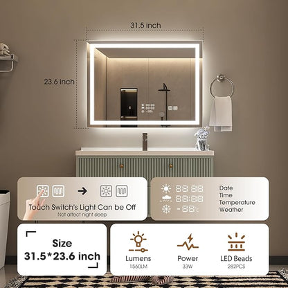 STARLEAD 24"x32" LED-Bathroom-Mirror-with-Lights, Wall-Mounted with Clock, Anti-Fog, 3 Color Temperature, Dimmable Brightness, Waterproof, Tempered Glass, Frontlit & Backlit