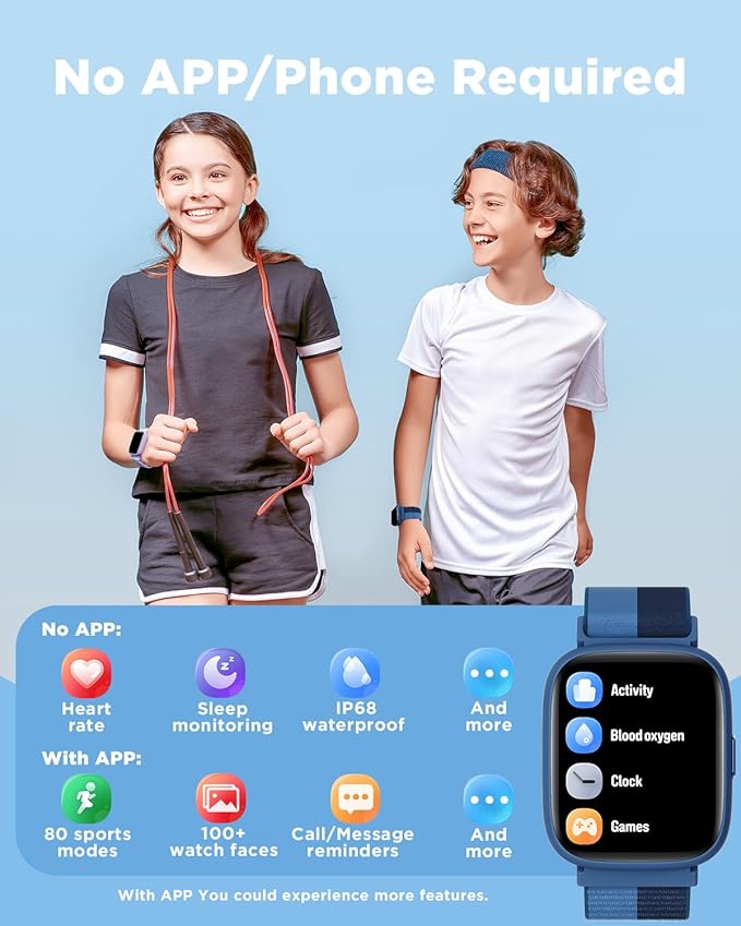 BIGGERFIVE Smart Watch for Kids, 1.8" Fitness Tracker Watch Pedometer, Heart Rate, IP68 Waterproof, Sleep Monitor, Calorie Step Counter, Puzzle Game with/Without APP for Girls Boys Teens 5-16, Nylon