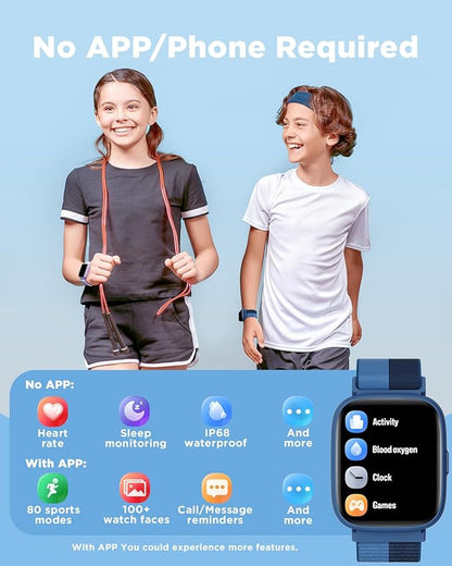 BIGGERFIVE Smart Watch for Kids, 1.8" Fitness Tracker Watch Pedometer, Heart Rate, IP68 Waterproof, Sleep Monitor, Calorie Step Counter, Puzzle Game with/Without APP for Girls Boys Teens 5-16, Nylon