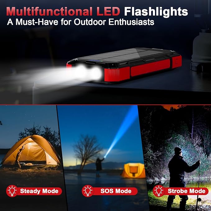 WONGKUO Solar Charger Power Bank - 49800mAh Solar Phone Charger with USB-C in/Output, QC 3.0 Fast Charging with LED Flashlight, Built-in 4 Cables, IP65 Waterproof Fits for Outdoor (Brilliant Red)
