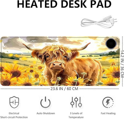 Heated Mouse Pad with 3 Levels Heated & 3 Hours Auto Shut-Off Mouse Pad for Warming Hands in Office Home, 23.6" x 14.2"Large Safe Desk Mat Hand Warmer，Sunflower Highland Cow