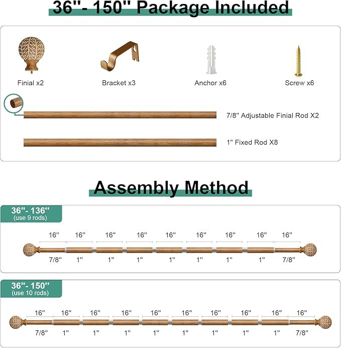 Imitation Wood Grain Ball Curtain Rods for Windows 72 to 144 Inch,1 Inch Heavy Duty Adjustable Wood Curtain Rod,Boho Decorative Drapery Rods Set with Brackets,Size:36''-150''