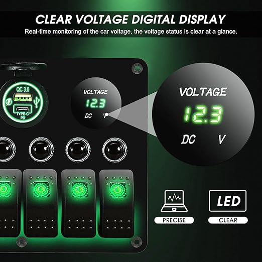 MKING 6 Gang Marine Switch Panel - Waterproof Rocker Switches with USB & Type-C Charger, Circuit Breaker, Digital Voltmeter, and Power Socket, Compatible with 12V-24V Vehicles