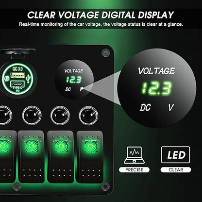 MKING 6 Gang Marine Switch Panel - Waterproof Rocker Switches with USB & Type-C Charger, Circuit Breaker, Digital Voltmeter, and Power Socket, Compatible with 12V-24V Vehicles