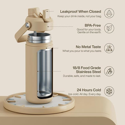 ENCOOL Insulated Water Bottle with Straw Stainless Steel Water Bottle, Leak-Proof, BPA-Free, Double Wall Vacuum Keeps Cold for 24 Hours for Sports, Travel, School (18 oz, Indian Khaki)