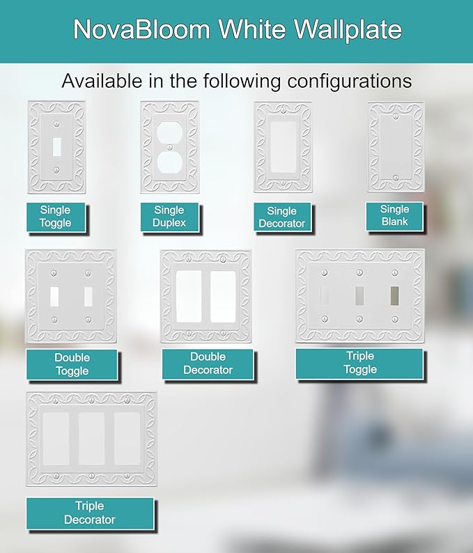 Double Toggle Light Switch Cover NovaBloom Metal Wall Plate, 2-Pack White 2 Gang, Light Switch Cover Decorative Wallplate, Durable