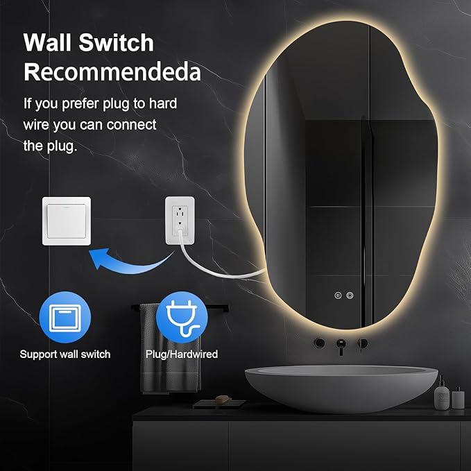 Asymmetrical LED Bathroom Mirror with Lights,Irregular Led Bathroom Vanity Mirror for Wall with Backlit, Anti Fog, 3 Colors and Dimmable Light,[Horizontal/Vertical] 48" H x 30" W