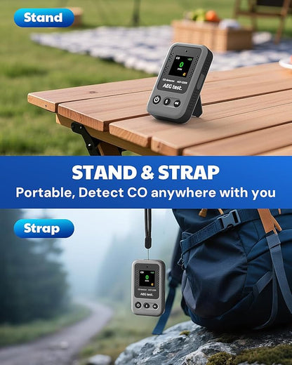 AGT-2309 Portable Carbon Monoxide Detector, 15-Day Standby, Rechargeable Mini CO Monitor with Lanyard for Travel & Camping, Handheld CO Meter with Audible & Visual Alerts, 0-1000ppm - Gray