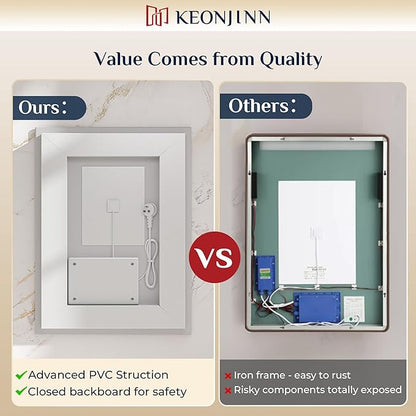 Keonjinn LED Mirror for Bathroom, 36 x 24 Inch, Wall Mounted, Dimmable, Anti-Fog, IP54 Waterproof, 3 Year Warranty