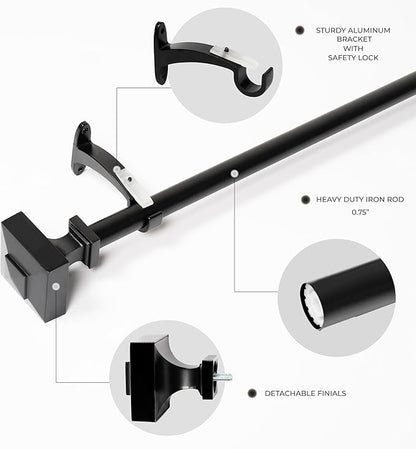 Deco Window Adjustable Curtain Rod for Windows 18 to 44 Inch Extendable Heavy Duty 3/4 Inch Iron Drapery Pole with Square Finials Wall Mounted French Door Curtain Rods (Pack of 1, Black)