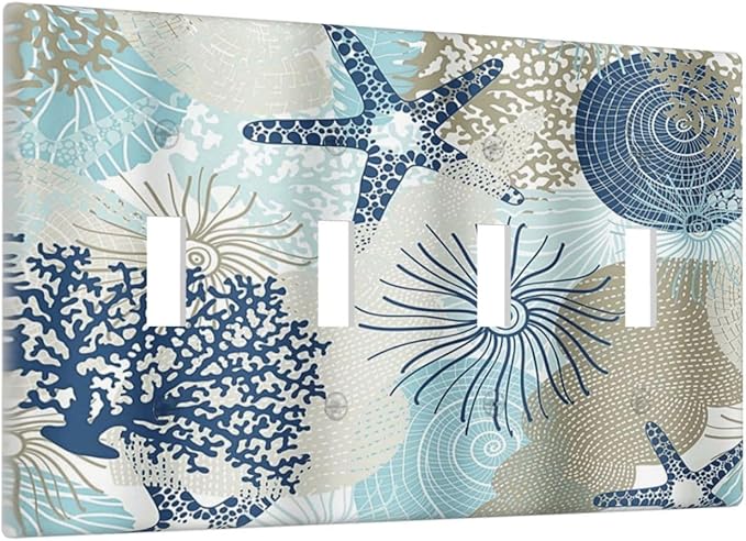 Decorative Light Switch Cover Plate Blue Starfish Brown Coral Ocean 4 Gang Wall Plates for Electrical Outlets Quad Toggle Switch Plate Covers Outlet Covers Faceplate for Girlroom Home Decor