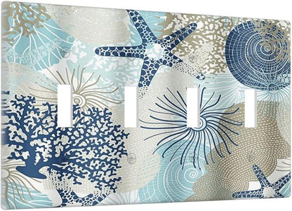 Decorative Light Switch Cover Plate Blue Starfish Brown Coral Ocean 4 Gang Wall Plates for Electrical Outlets Quad Toggle Switch Plate Covers Outlet Covers Faceplate for Girlroom Home Decor