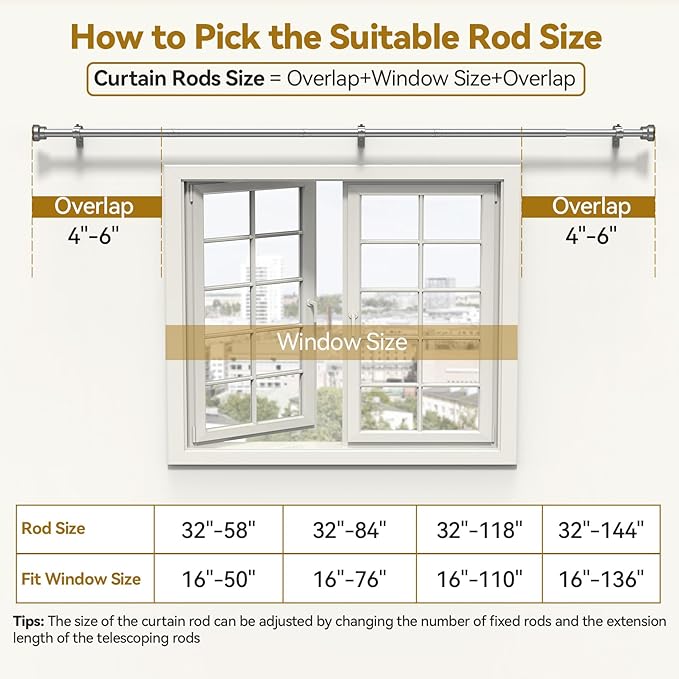 Curtain Rod 32-144 Inch, Heavy Duty 1 Inch Adjustable Curtain Rods for Windows, Sliver Extra Long Window Treatment Rods, Modern Design, Easy Installation